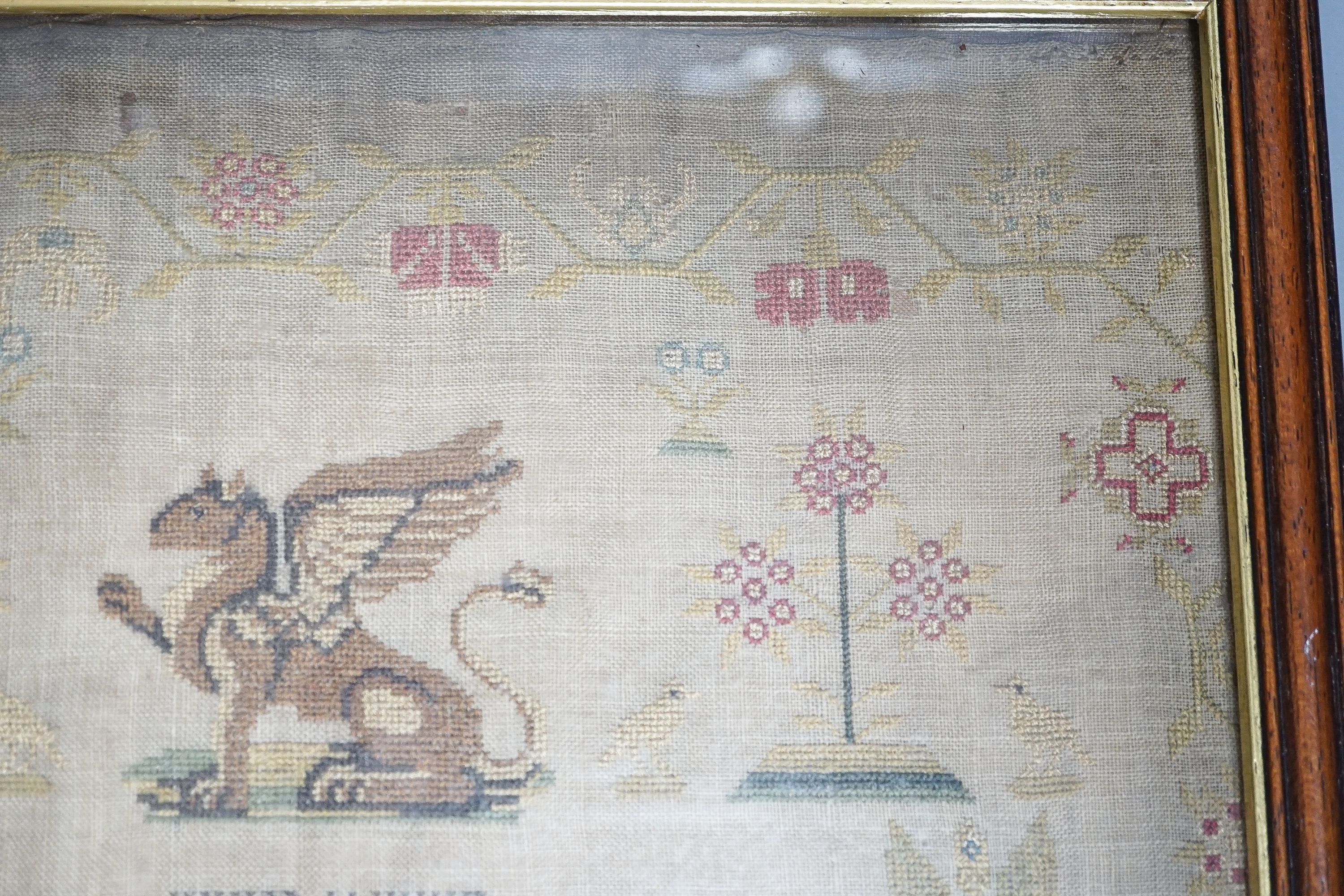 A George IV sampler dated August 12th 1828 titled ‘Virtue’ by Elizabeth Dane, framed 35x27cm